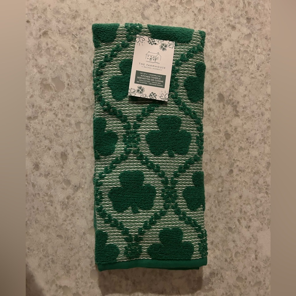 “New” The Farmhouse by Rachel Ashwell Green Shamrock Patterned Towels (set of 2)